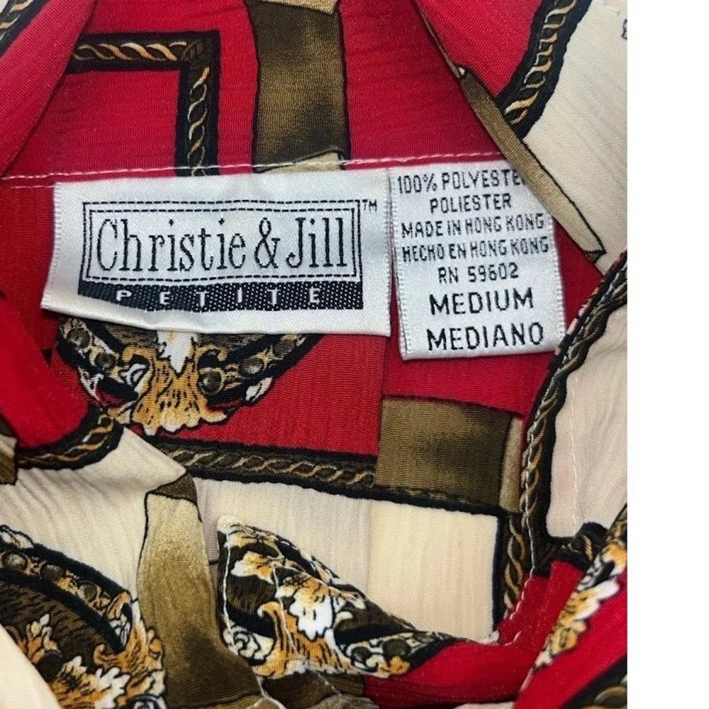 Christie & Jill Petite Vintage Red Baroque Chain Medallion Button Down Blouse M